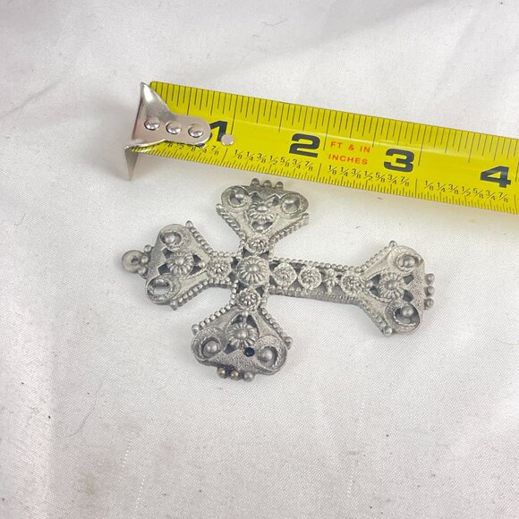 Vintage Florentine Filigree Cross Pendant 3.5" Silver-Tone Metal Religious Ornam - Picture 6 of 6